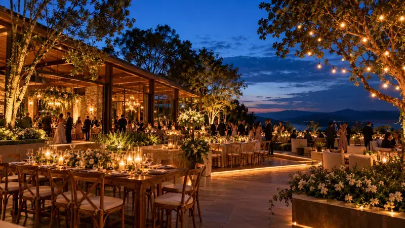 Imagem ilustrativa de recepção de casamento iluminada