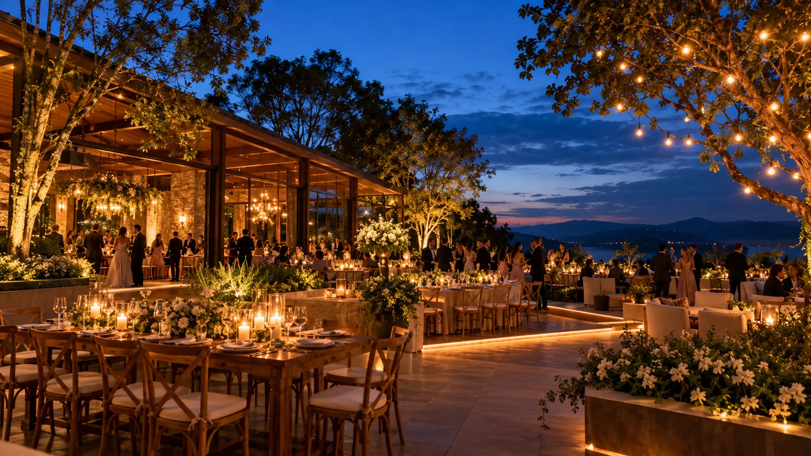 Ilustração de recepção de casamento iluminada ao entardecer